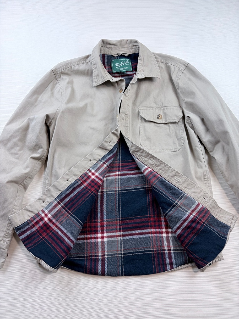 Woolrich Beige Lightweight Shirt Jacket with Navy & Red Plaid Lining Size S